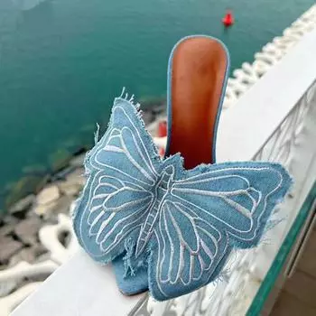 Aneikeh Элегантные сексуальные босоножки с острым носком и открытым носком на тонком каблуке, женские джинсовые босоножки с декором в виде бабочки, вечернее платье на высоком каблуке, мюли Zapatos 35