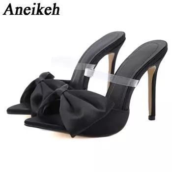 Aneikeh Летние шелковые мюли с бантом, женские босоножки на высоком каблуке, туфли-лодочки, сексуальные с острым носком, с ремешком на пятке, женская обувь для вечеринок 35-42 37