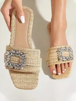 Aneikeh Летняя повседневная мода квадратные вязаные туфли на плоской подошве для женщин тапочки с плоской подошвой с кристаллами пляжные шлепанцы 39