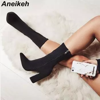 Aneikeh/Новинка 2024 года, весенне-осенние женские замшевые ботильоны на каблуке, пикантные туфли на высоком каблуке с острым носком, модные женские туфли-лодочки, модные ботинки 35 чёрный