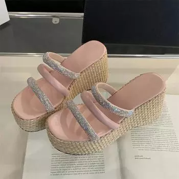 Aneikeh Новый летний дизайн Женские тапочки с узкими ремешками и кристаллами на платформе, на танкетке, на высоком каблуке, женская обувь для банкета 35 чёрный