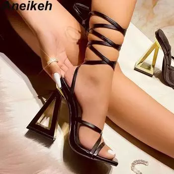 Aneikeh/пикантные сандалии на высоком каблуке в форме креста, римские сандалии на высоком каблуке, вечерние женские элегантные платья-лодочки, черные размеры 35–42, новинка 2023 года, лето 35 чёрный