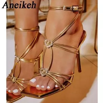 Aneikeh с квадратной головкой, тонкий ремень с ромбовидной пряжкой, римские сандалии с прямым ремнем, туфли на высоком каблуке со стразами, лето 2024, модные женские туфли 35 синий
