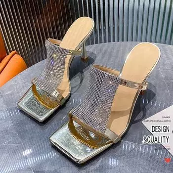 Aneikeh сексуальные серебряные блестки стразы ПВХ тапочки для женщин квадратный носок странные высокие каблуки сандалии летняя модная обувь для вечеринок 34 золотой