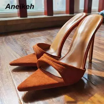 Aneikeh Sexy Pointed Toe Mule High Heels Slipper Stripper Summer Fashion Faux Suede Slip On Slides Women Party Sandal Shoes 38