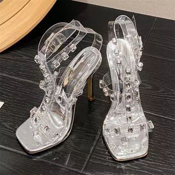Aneikeh Sexy Thin High Heels Buckle Strap Woman Sandals Elegant Crystal PVC Transparent Pointed Toe Shoes Designer Pumps 35 чёрный