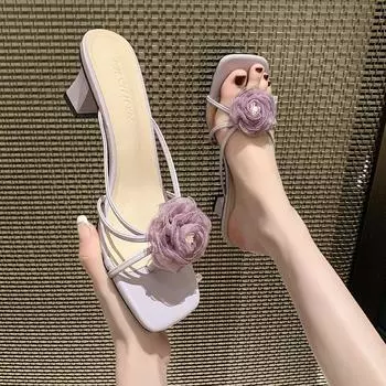 Aneikeh Summer Fashion Lace Flower Square Toe Women s Slippers High Heel Sandals Beach Slippers Zapatos 35 розовый