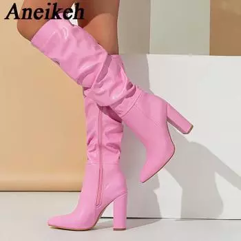Aneikeh Winter Patent Leather Women Long Knee-High Boots Fashion Nightclub Pointed Toe Zip Booties Square High Heels Ladies Shoe 35 розовый
