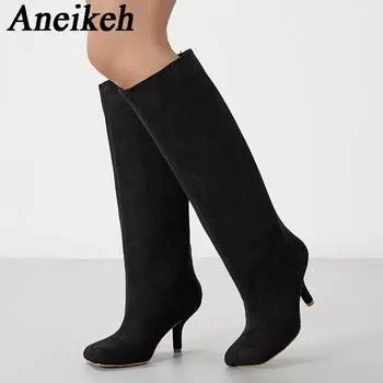 Aneikeh Winter Street Style Square Head Knee-High Women Boots Punk Thin Low Heels Shoes Female Long Booties Zapatos De Mujer 35 хаки