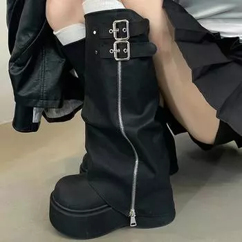 Aneikeh Женские сапоги до колена на платформе с круглым носком в стиле панк, осенние туфли на толстом каблуке, модные ботильоны на молнии 35 кофейный