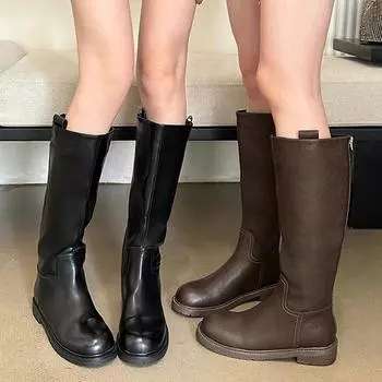 Aneikeh Женские сапоги до колена с круглым носком и квадратным низким каблуком в стиле ретро, высококачественные повседневные офисные рабочие туфли на молнии 35 чёрный