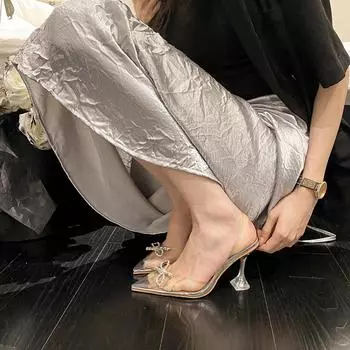 Aneikeh Женские туфли-лодочки Сандалии Прозрачные ПВХ Бабочка-узлы Стразы Босоножки Летние вечерние Выпускные Прозрачные Туфли на высоком каблуке 35 серебряный