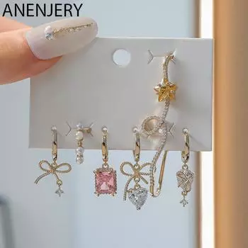 ANENEJERY цветной циркон квадратный бант сердце звезда большие серьги-клипсы обручи женские роскошные серьги комплект из 6 предметов золотой