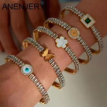 ANENJERY 316L нержавеющая сталь глаз бабочка цветок сердце геометрия цирконий цепочка браслет женский винтажные украшения