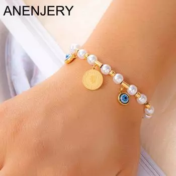 ANENJERY 316L нержавеющая сталь глаз солнце цветок дерево искусственный жемчуг пуговицы браслет нитка женский винтажные ювелирные изделия