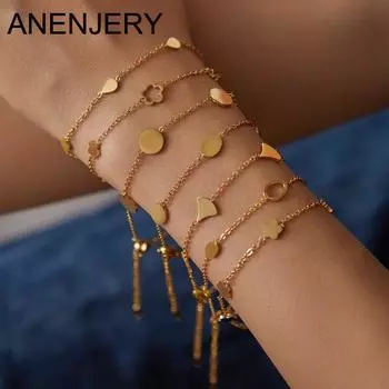 ANENJERY 316L нержавеющая сталь капля воды цветок лист овальный круглый цепной браслет для женщин модные ювелирные изделия подарки оптом