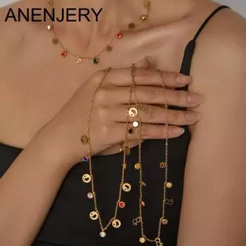 ANENJERY 316L нержавеющая сталь любовь сердце крест корона бабочка звезда луна цветной циркон кисточка цепочка ожерелье женские ювелирные изделия