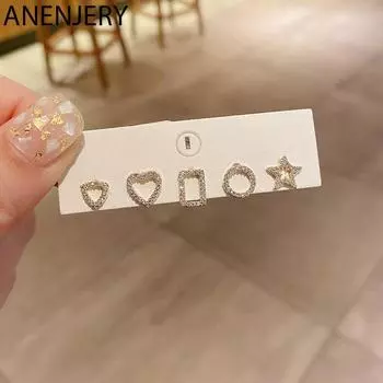 ANENJERY, 5 шт./компл., набор серег со звездами и звездами, круглые серьги с микроинкрустацией из циркона, простые геометрические серьги-гвоздики