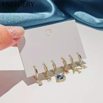 ANENJERY 6 шт. Циркон Самолет Планета Луна Звезда серьги-кольца наборы для женщин роскошные блестящие ювелирные изделия золотистый