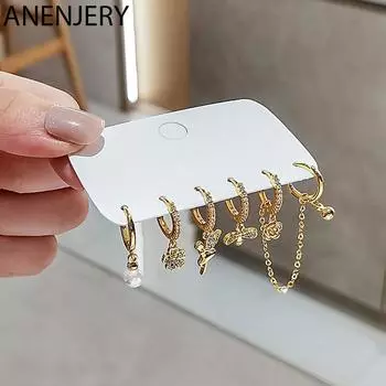 ANENJERY 6 шт. циркониевый ангельский цветок цепочка с двойным пирсингом серьги-кольца наборы для женщин легкие роскошные ювелирные изделия