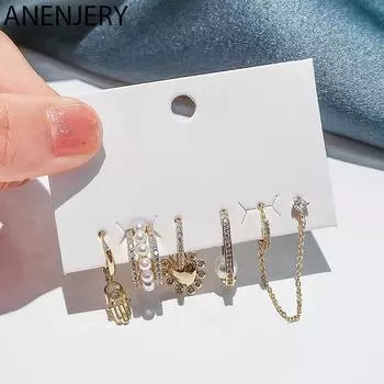 ANENJERY 6 шт./компл., комплект серег-кольца с цепочкой в виде сердца, ручной работы, креативные серьги с цирконом и жемчугом, вечерние украшения золотой