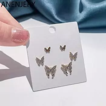 ANENJERY 6 шт./компл. серьги-гвоздики с бабочками, комплект женских милых блестящих серег с микроцирконом для девочек, подарок другу, оптовая продажа