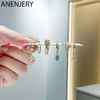 ANENJERY, 6 шт./компл., серьги-кольца в виде змеиных ушей, крестик, золотые серьги-кольца, набор для женщин, индивидуальный подарок ювелирных изделий
