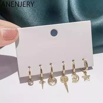ANENJERY 6 шт./компл. серьги-кольца с изображением солнца, луны и звезды, милые блестящие женские украшения ручной работы в стиле хип-хоп для девочек, вечерние украшения золотистый