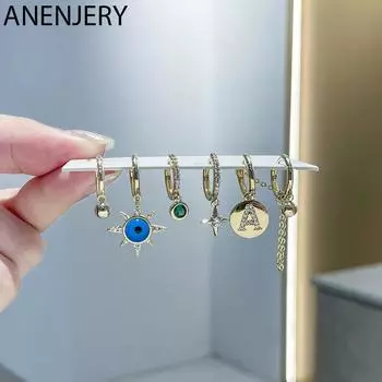 ANENJERY, 6 шт., круглые брендовые серьги с цирконами и глазами в виде букв, цепочка с двойным пирсингом, наборы для женщин, изящные обручи