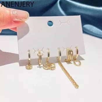 ANENJERY, 6 шт., овальная цепочка с кисточками, геометрические зажимы, серьги-кольца, наборы сережек для женщин, роскошные вечерние ювелирные изделия золотой
