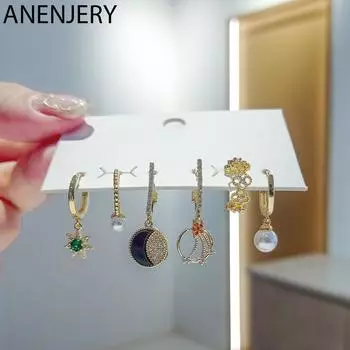 ANENJERY, 6 шт., серебряный цвет, медь, циркон, подвеска в виде лунной звезды, серьги-кольца, набор женских креативных жемчужных клипс, вечерние ювелирные изделия