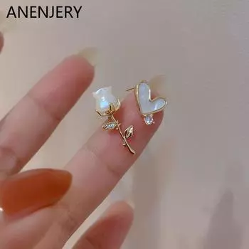 ANENJERY асимметричные серьги-гвоздики из циркона с сердцем и цветком розы, французские нежные женские серьги aretes de mujer золотой