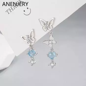 ANENJERY Асимметричные серьги-гвоздики с лунным камнем и бабочкой для женщин, простые модные ювелирные аксессуары