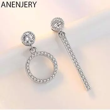 ANENJERY асимметричные серьги круглой формы с микроцирконами для женщин, модные вечерние украшения серебряный