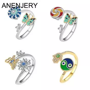 ANENJERY блестящее циркониевое красочное открытое кольцо на палец с бабочкой для женщин, индивидуальные нишевые кольца в богемном стиле, ювелирные изделия anillos mujer Resizable