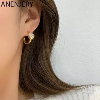 ANENJERY блестящие серьги-гвоздики с цирконием в форме сердца для женщин, легкие роскошные нишевые дизайнерские корейские ювелирные изделия золотой