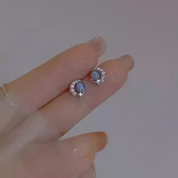 Серьги Anenjery Blue Cat Eye Stone Star Moon, женские, легкие, роскошные, маленькие, милые, универсальные, ювелирные изделия, подарок белый
