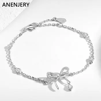 ANENJERY браслет с бантом для женщин, милый модный серебряный браслет-цепочка с цирконием, универсальный подарок другу, повседневные украшения серебряный