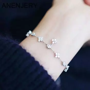 ANENJERY браслет с блестящим цирконом и цветочным дизайном для женщин, модные простые браслеты-цепочки, свадебные украшения