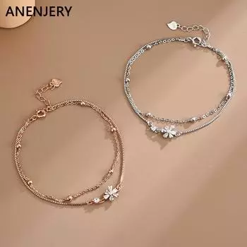ANENJERY браслет с двойной цепочкой из ледяного циркона и цветка, женский простой модный серебряный цвет, ручные украшения, оптовая продажа, браслет, электронная почта серебряный