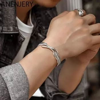ANENJERY браслеты-манжеты с перьями и листьями для женщин и мужчин, винтажные тайские серебряные украшения для рук