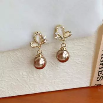 Anenjery Champagne Zircon Butterfly Simulated-pearl Pendant Earrings for Women Exquisite Elegance Versatile Earrings Jewelry Gifts белый
