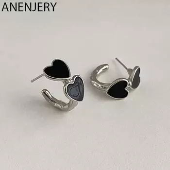 ANENJERY черные серьги-гвоздики с сердечками для женщин, винтажные крутые трендовые нежные легкие роскошные ювелирные изделия серебряный