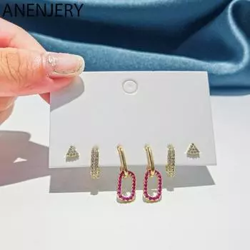 ANENJERY Циркон геометрические овальные серьги-кольца женские роскошные золотые серьги из 6 предметов, оптовая продажа золотистый