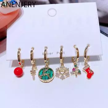 ANENJERY циркон Лось Снежинка носки серьги-кольца женские модные серьги из 6 предметов Рождественский подарок золотистый