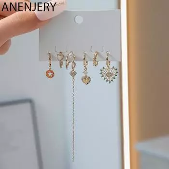 ANENJERY Циркон Любовь Сердце Звезда Длинная Цепочка Кисточкой Серьги 6 шт. Набор Для Женщин Партии Ювелирных Изделий Оптовая Продажа золотой
