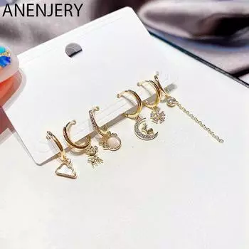 ANENJERY Циркон Лунный Лось Снежинка Кисточка Комплект из 6 серег Женские изящные серьги-кольца золотистый