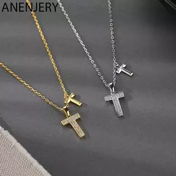 ANENJERY циркониевое ожерелье с подвеской в виде буквы Т для женщин, простая изящная цепочка, универсальные ювелирные изделия серебряный