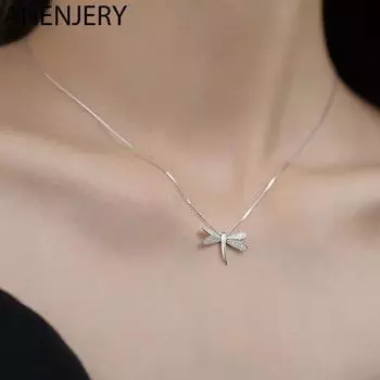 ANENJERY циркониевое ожерелье со стрекозой, женское элегантное ожерелье на ключицу, корейские модные ювелирные изделия, подарок серебряный