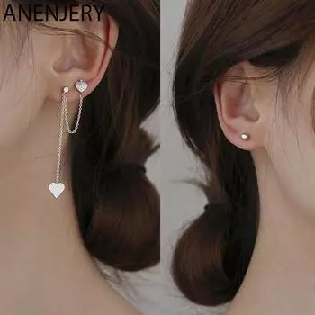 ANENJERY циркониевые серьги с кисточками и сердечками, двойные серьги-гвоздики для женщин, асимметричные серьги, изысканные ювелирные изделия, подарок